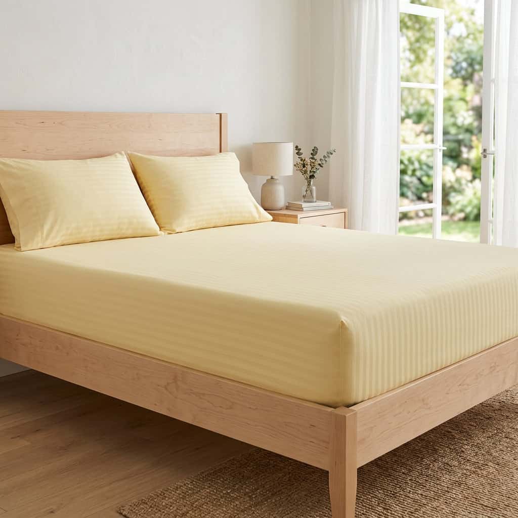 Butter yellow king size fitted bedsheet set on a bed, angled view