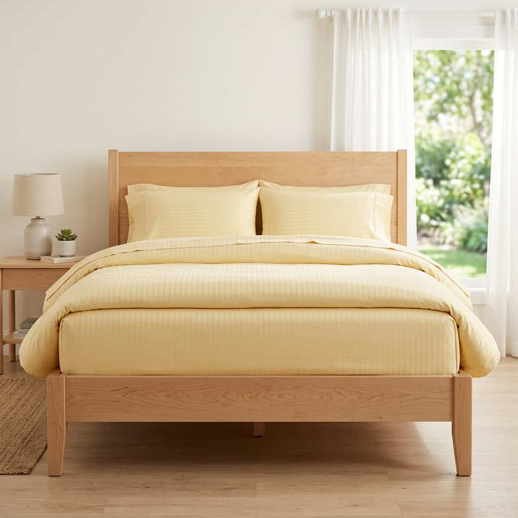 Butter yellow cotton fitted bedsheet with 2 pillow covers on a king size bed