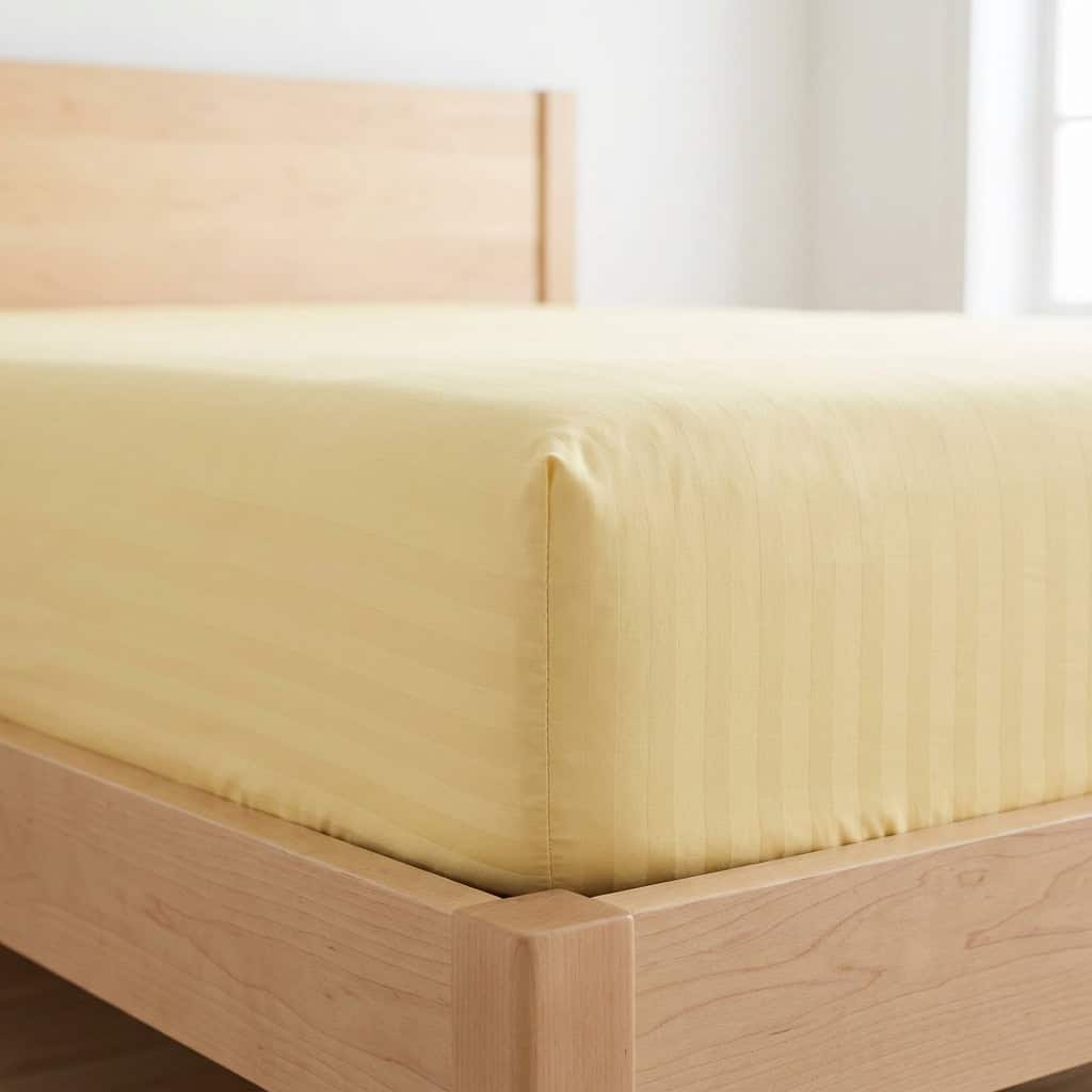 Butter yellow fitted sheet with elastic sides around a mattress corner