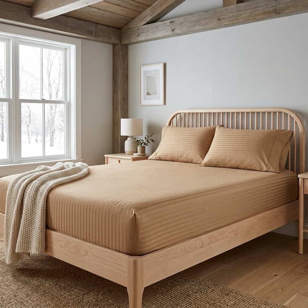 Camel king size fitted bedsheet set on a bed, angled view