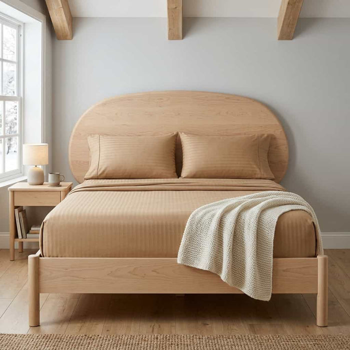 Camel cotton fitted bedsheet with 2 pillow covers on a king size bed