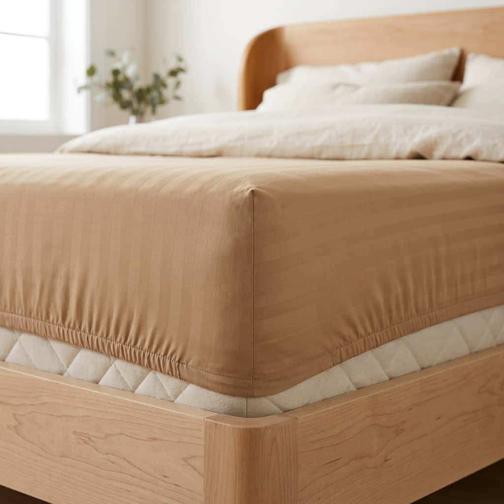 Camel fitted sheet with elastic sides around a mattress corner
