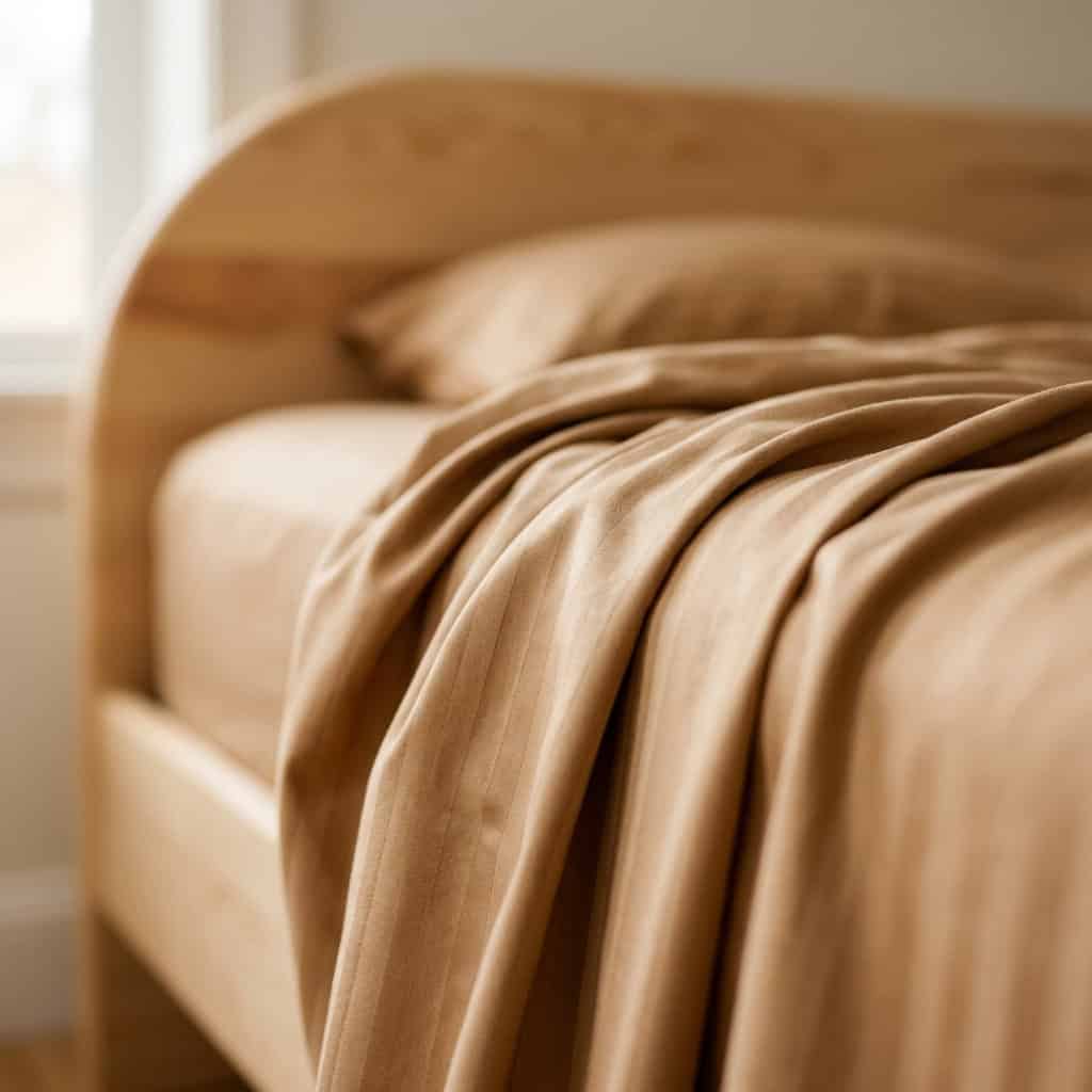 Close-up of camel cotton bedsheet fabric with a subtle stripe weave