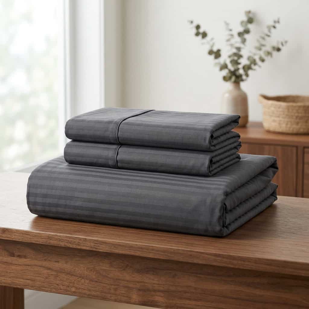 Folded charcoal grey bedsheet set: fitted sheet and 2 pillow covers