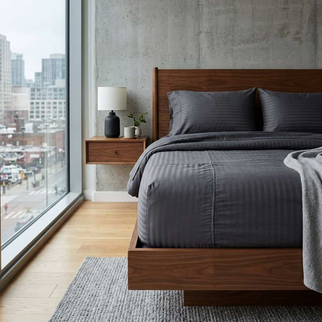 Charcoal grey king size fitted bedsheet set on a bed, angled view