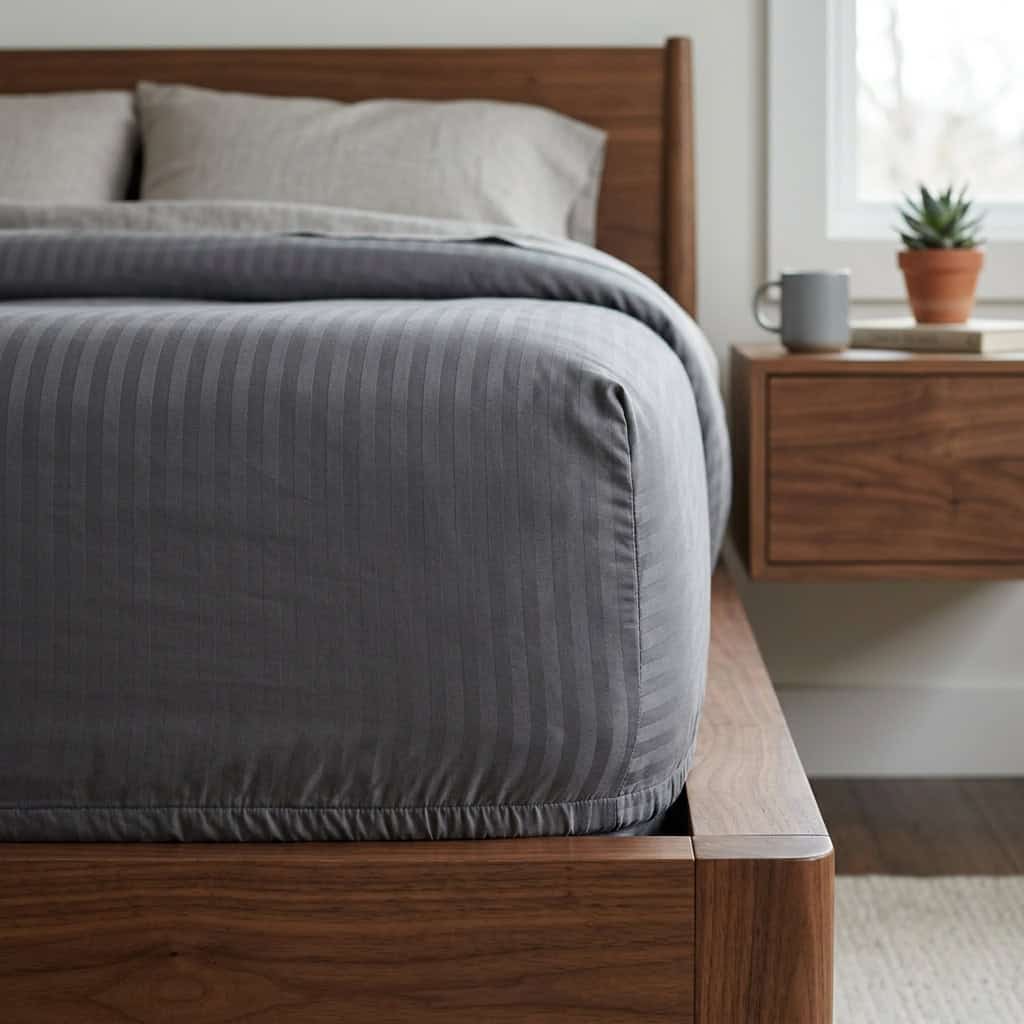 Charcoal grey fitted sheet with elastic sides around a mattress corner