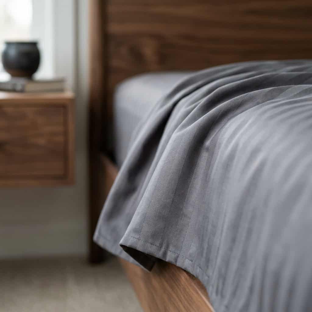 Close-up of charcoal grey cotton bedsheet fabric with a subtle stripe weave