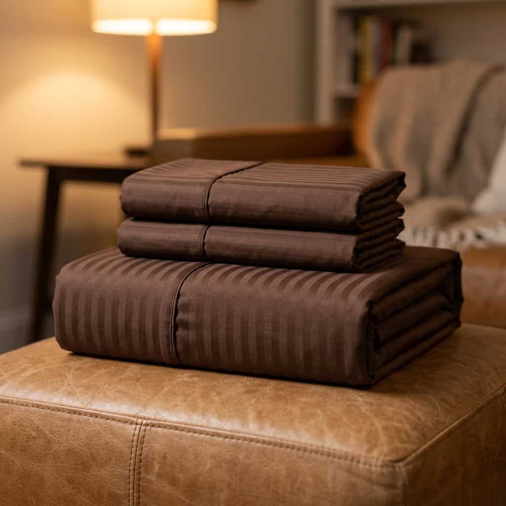 Folded chocolate brown bedsheet set: fitted sheet and 2 pillow covers