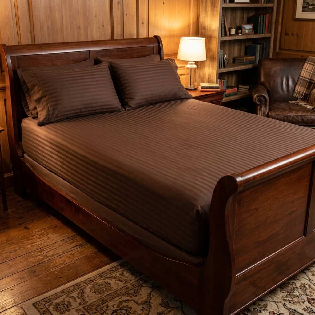 Chocolate brown king size fitted bedsheet set on a bed, angled view