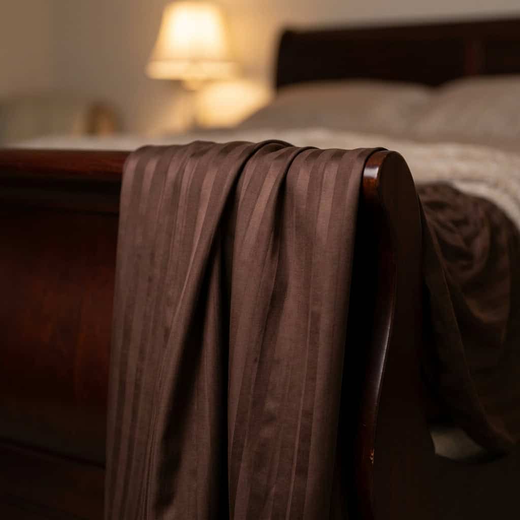Close-up of chocolate brown cotton bedsheet fabric with a subtle stripe weave