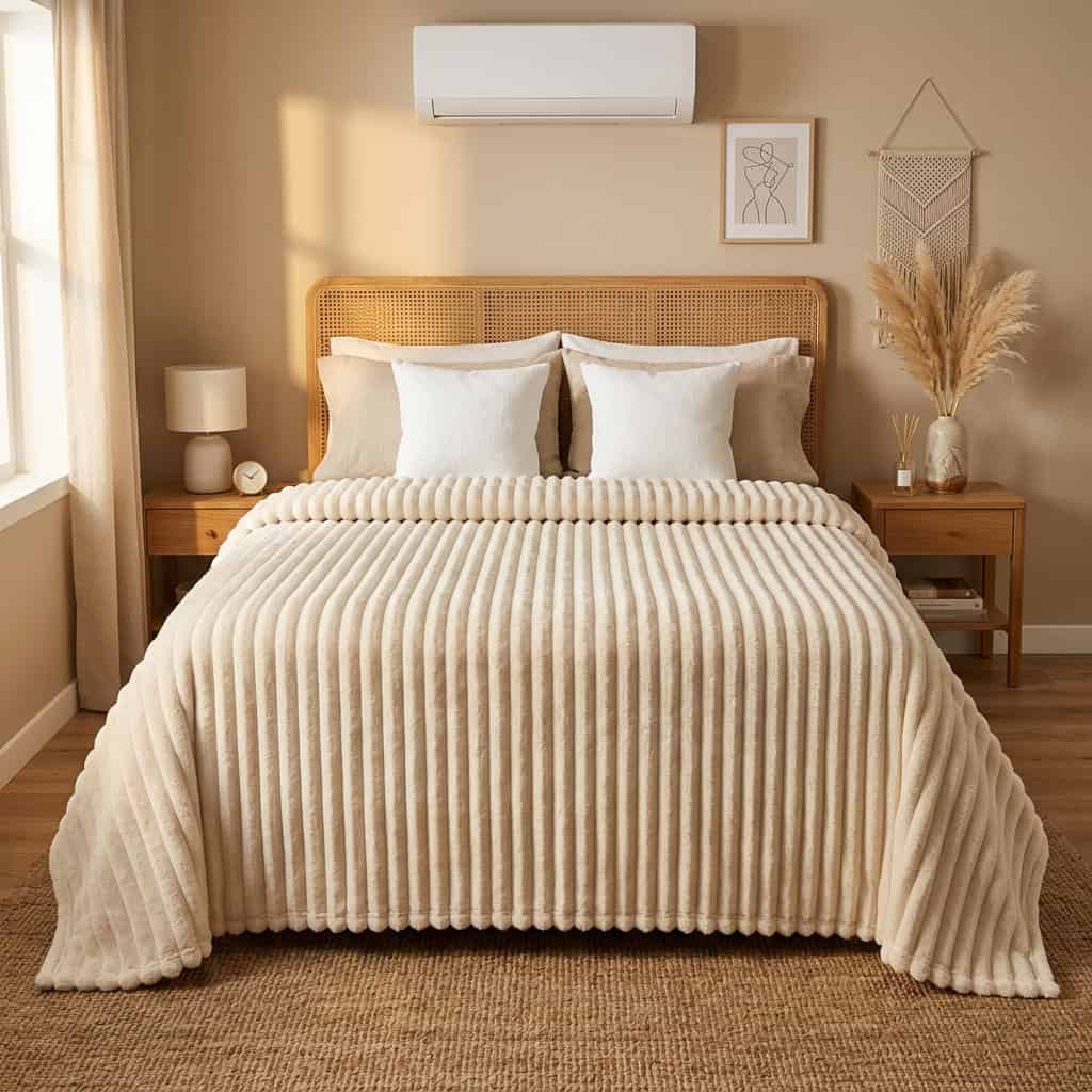 Cream ribbed fleece AC blanket covering a double bed, 200 x 240 cm