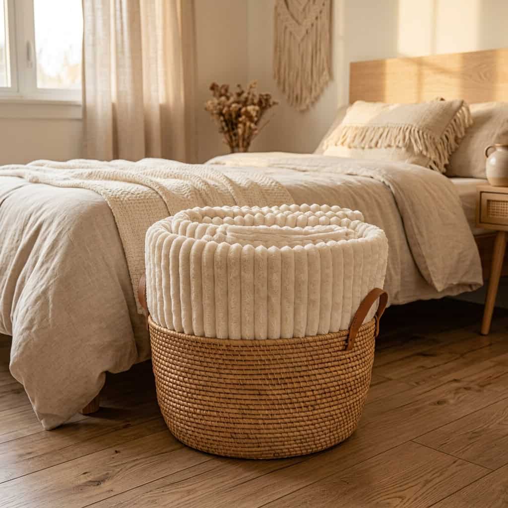 Cream ribbed fleece AC blanket folded in a wicker basket