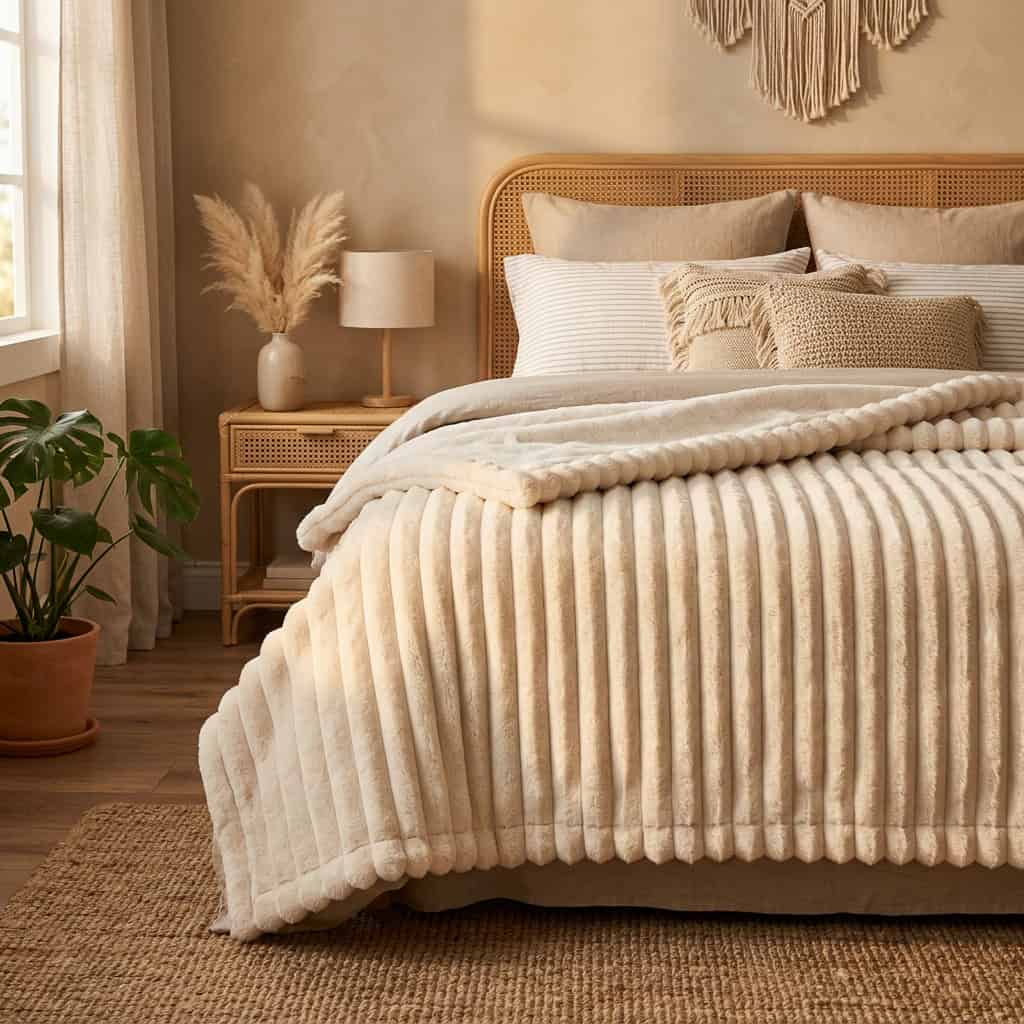 Cream AC blanket turned back on a made bed, showing its soft ribs