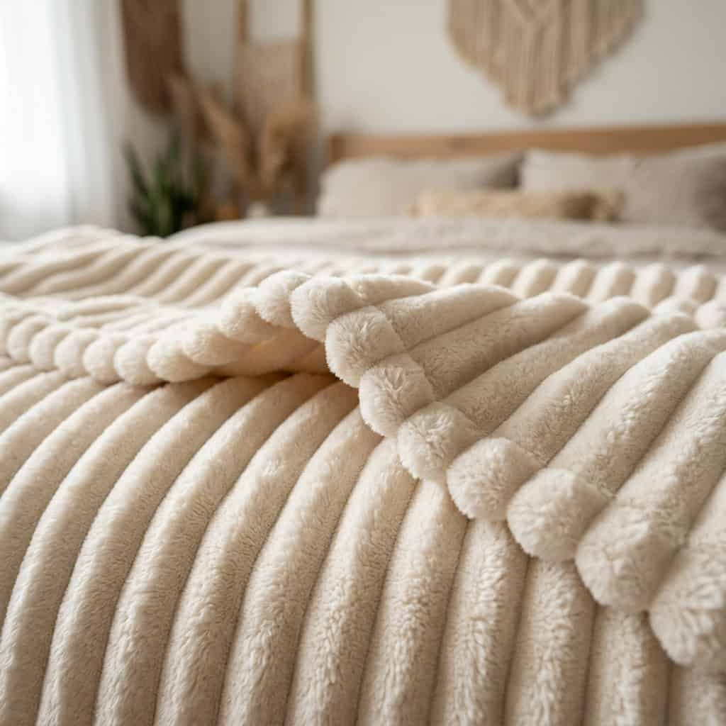 Close-up of the ribbed fleece texture of a cream AC blanket