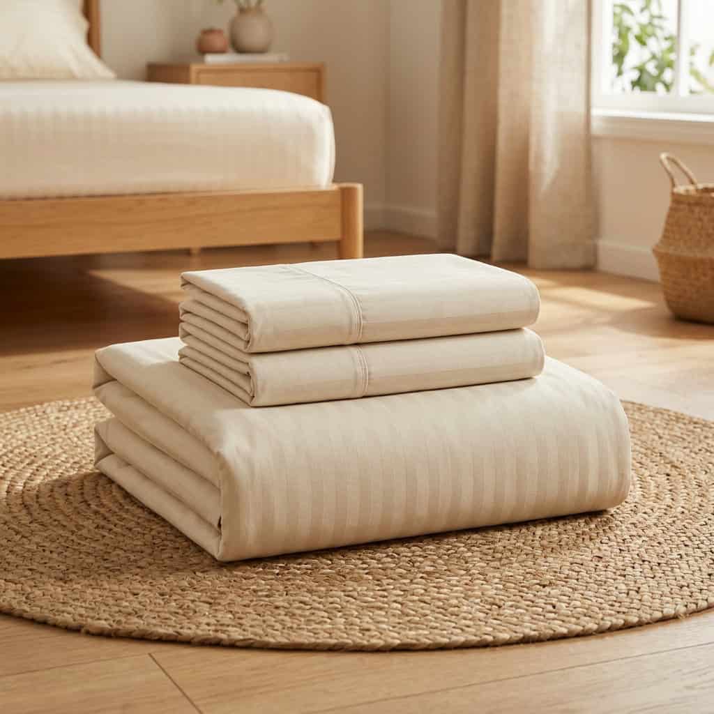 Folded cream bedsheet set: fitted sheet and 2 pillow covers