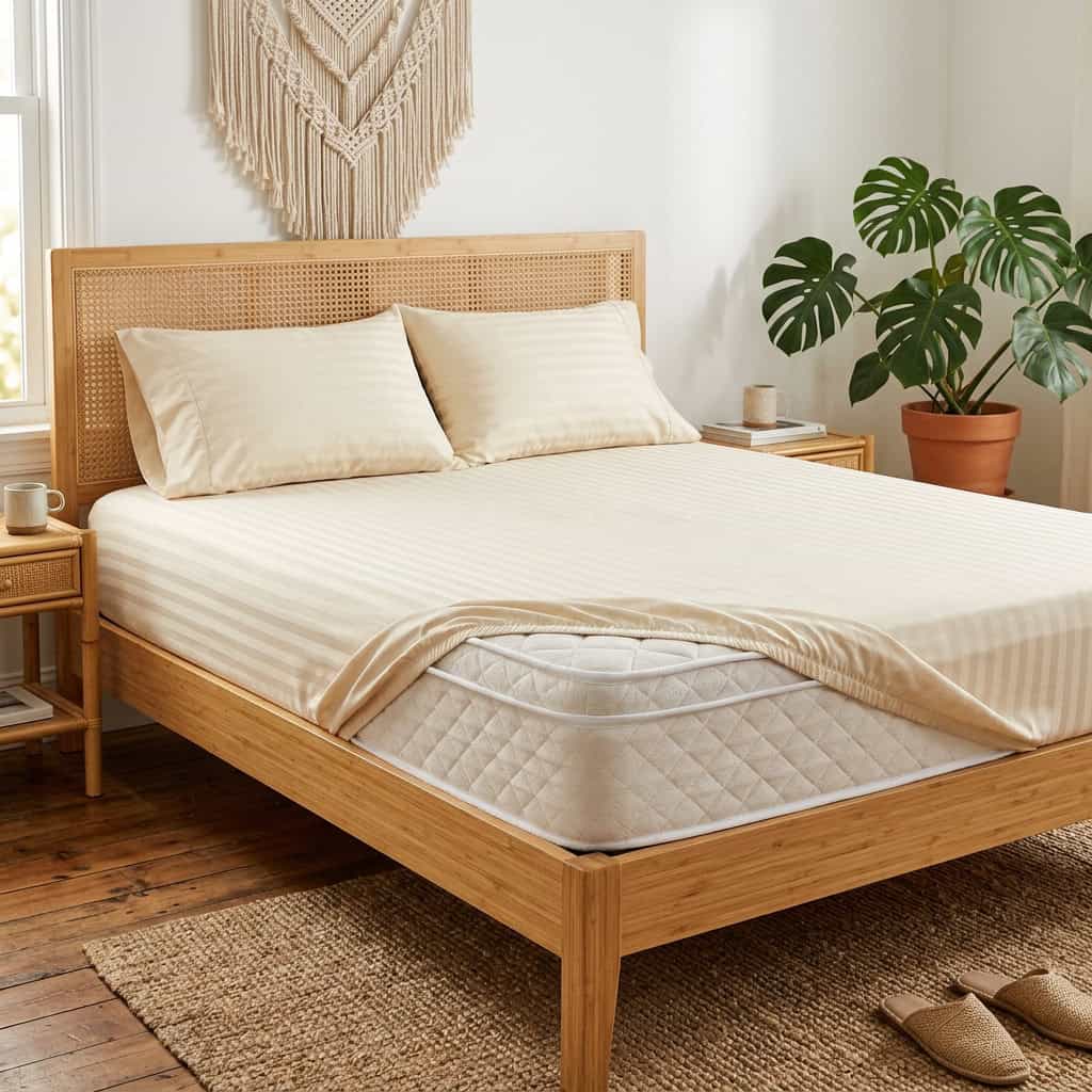 Cream king size fitted bedsheet set on a bed, angled view