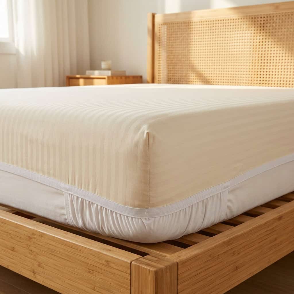 Cream fitted sheet with elastic sides around a mattress corner