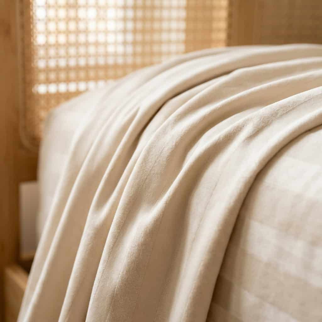 Close-up of cream cotton bedsheet fabric with a subtle stripe weave