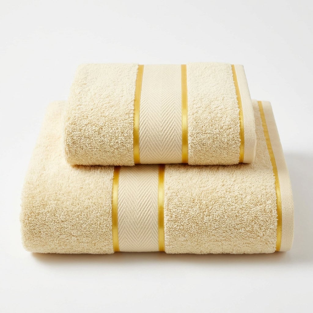 Cream large (30 x 90) and medium (30 x 60) cotton towels folded and stacked