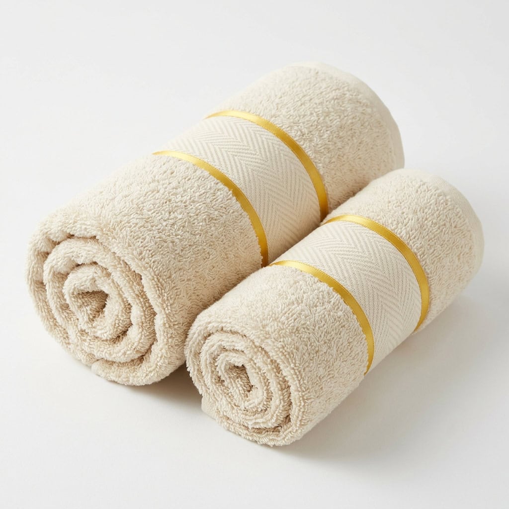 Two rolled cream cotton towels from the 2 piece towel set
