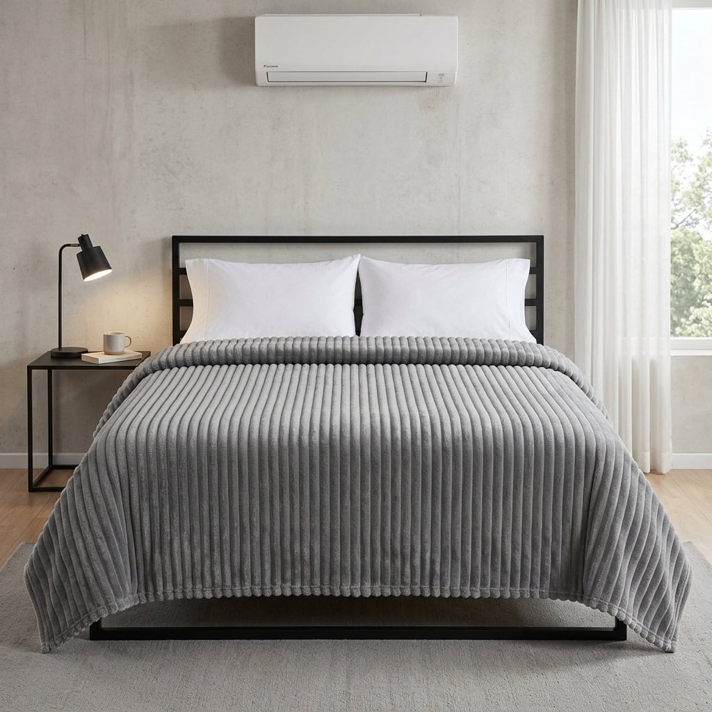 Grey ribbed fleece AC blanket covering a double bed, 200 x 240 cm