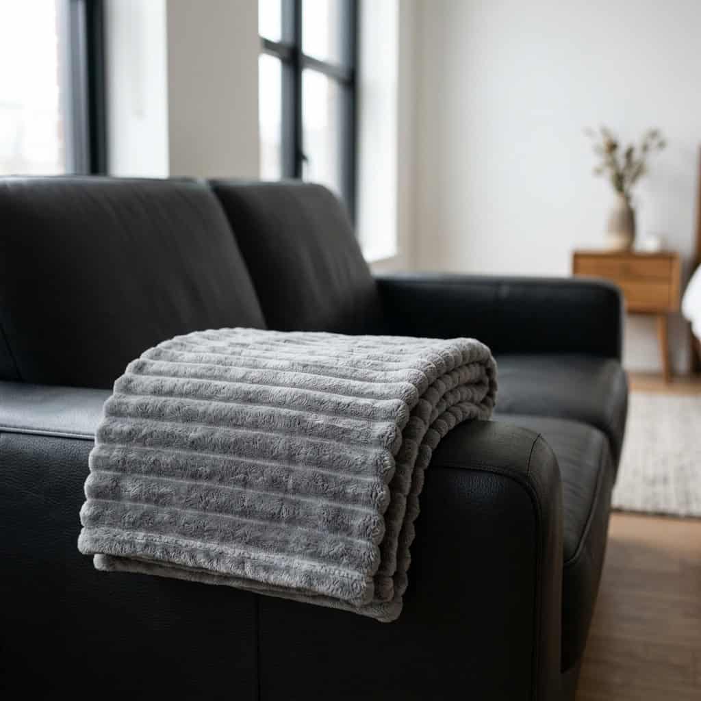 Grey ribbed fleece AC blanket draped over a sofa