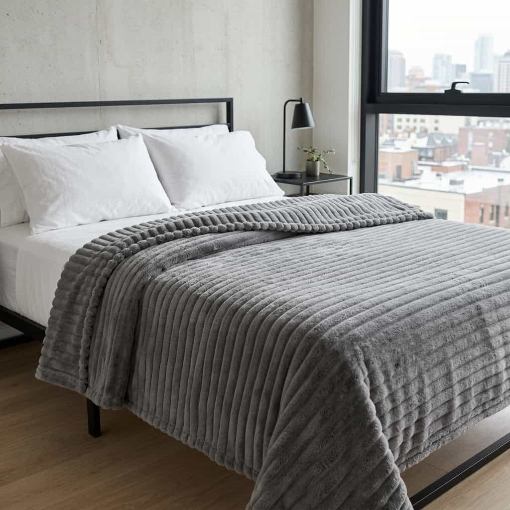Grey AC blanket turned back on a made bed, showing its soft ribs