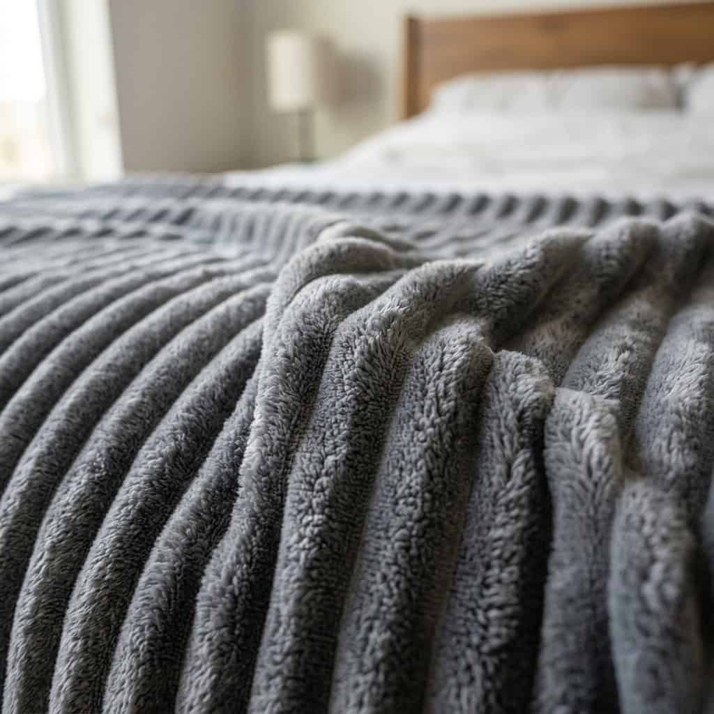 Close-up of the ribbed fleece texture of a grey AC blanket