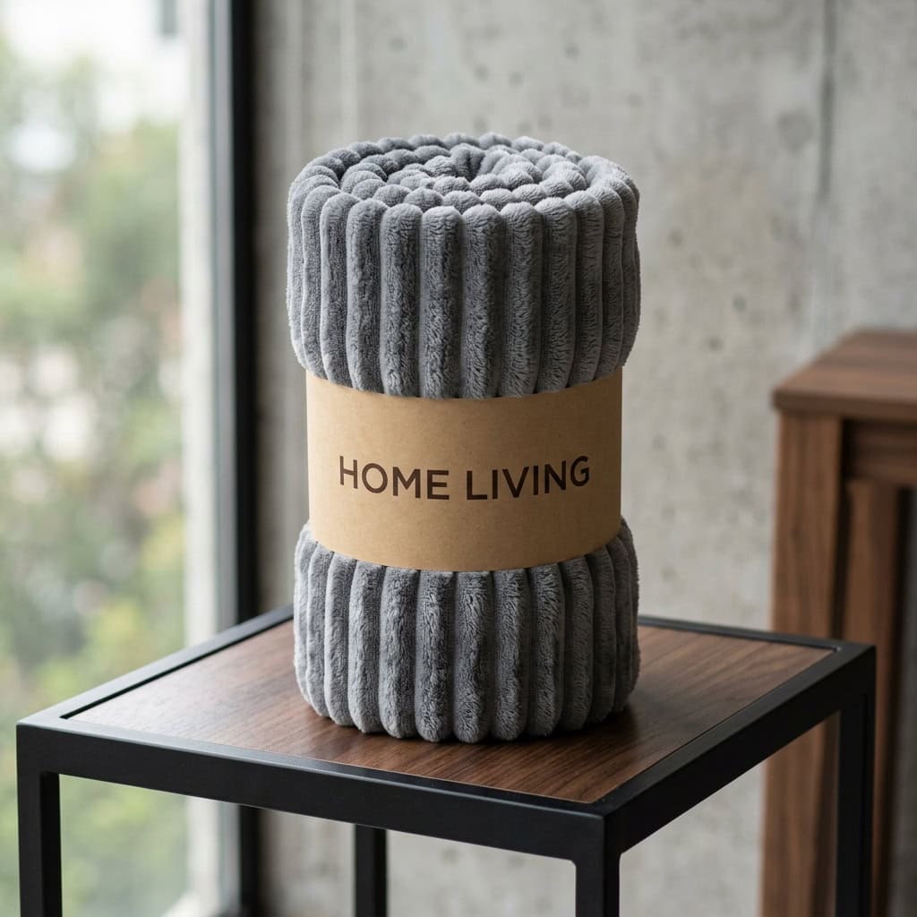 Rolled grey ribbed fleece AC blanket with a Home Living label