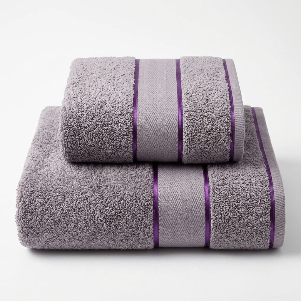 Lavender grey large (30 x 90) and medium (30 x 60) cotton towels folded and stacked