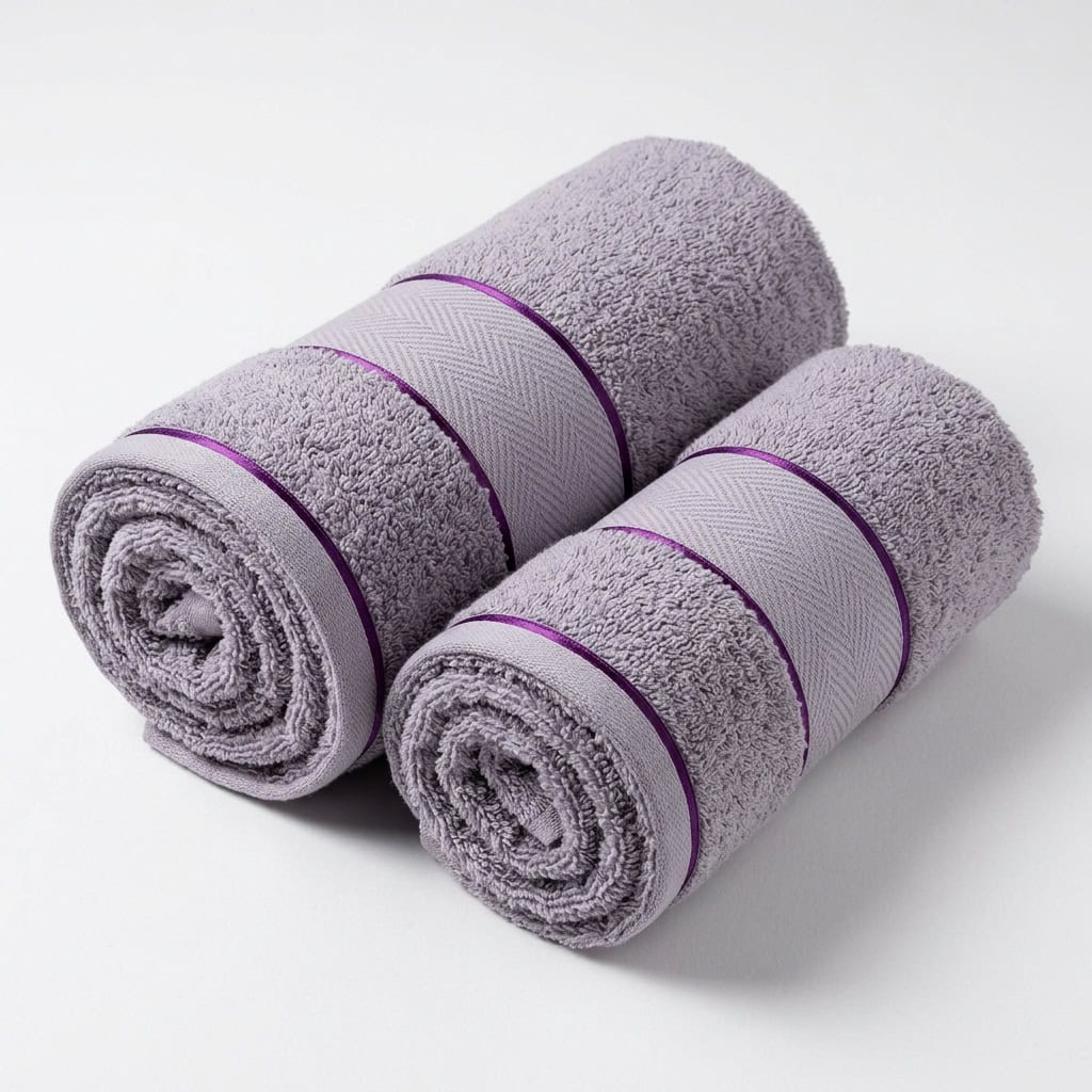 Two rolled lavender grey cotton towels from the 2 piece towel set
