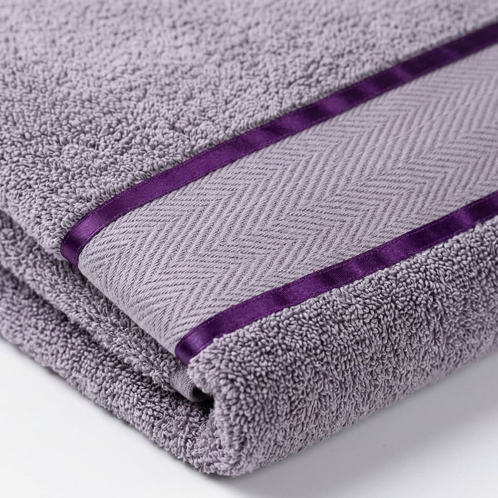 Close-up of lavender grey cotton towel loops and woven border