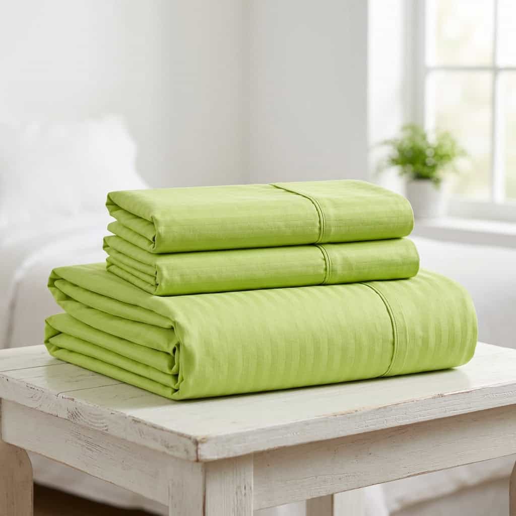 Folded lime green bedsheet set: fitted sheet and 2 pillow covers