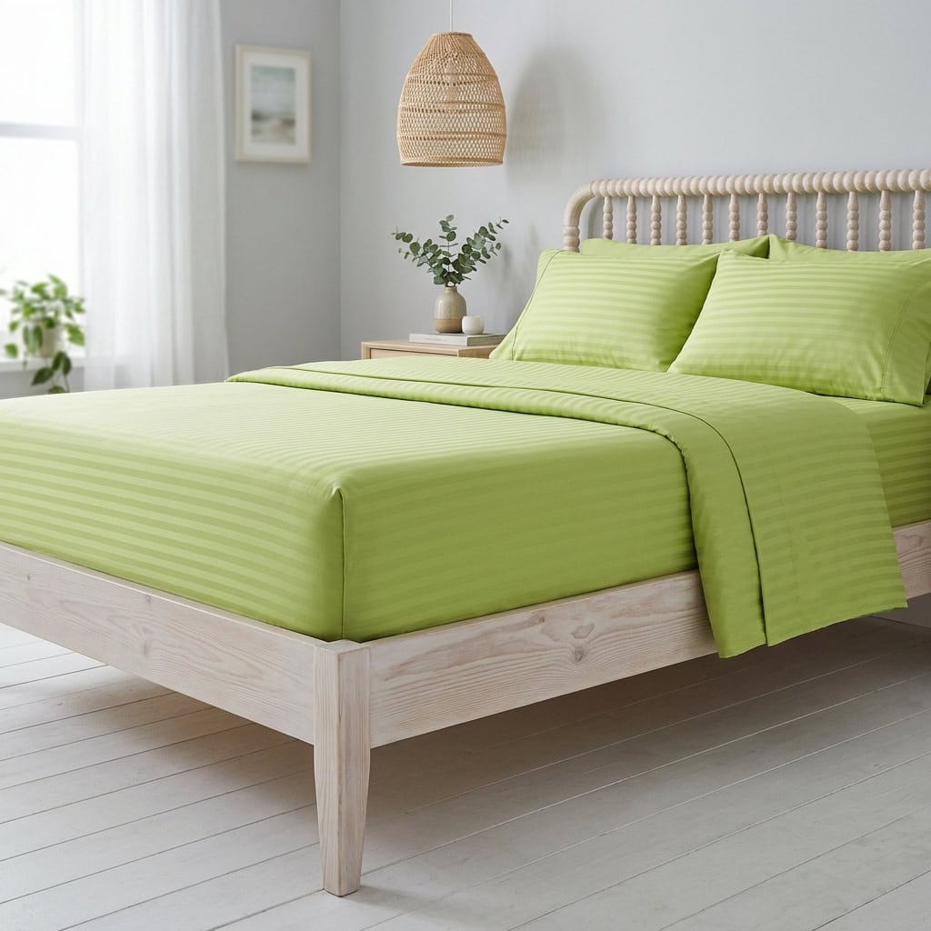 Lime green king size fitted bedsheet set on a bed, angled view