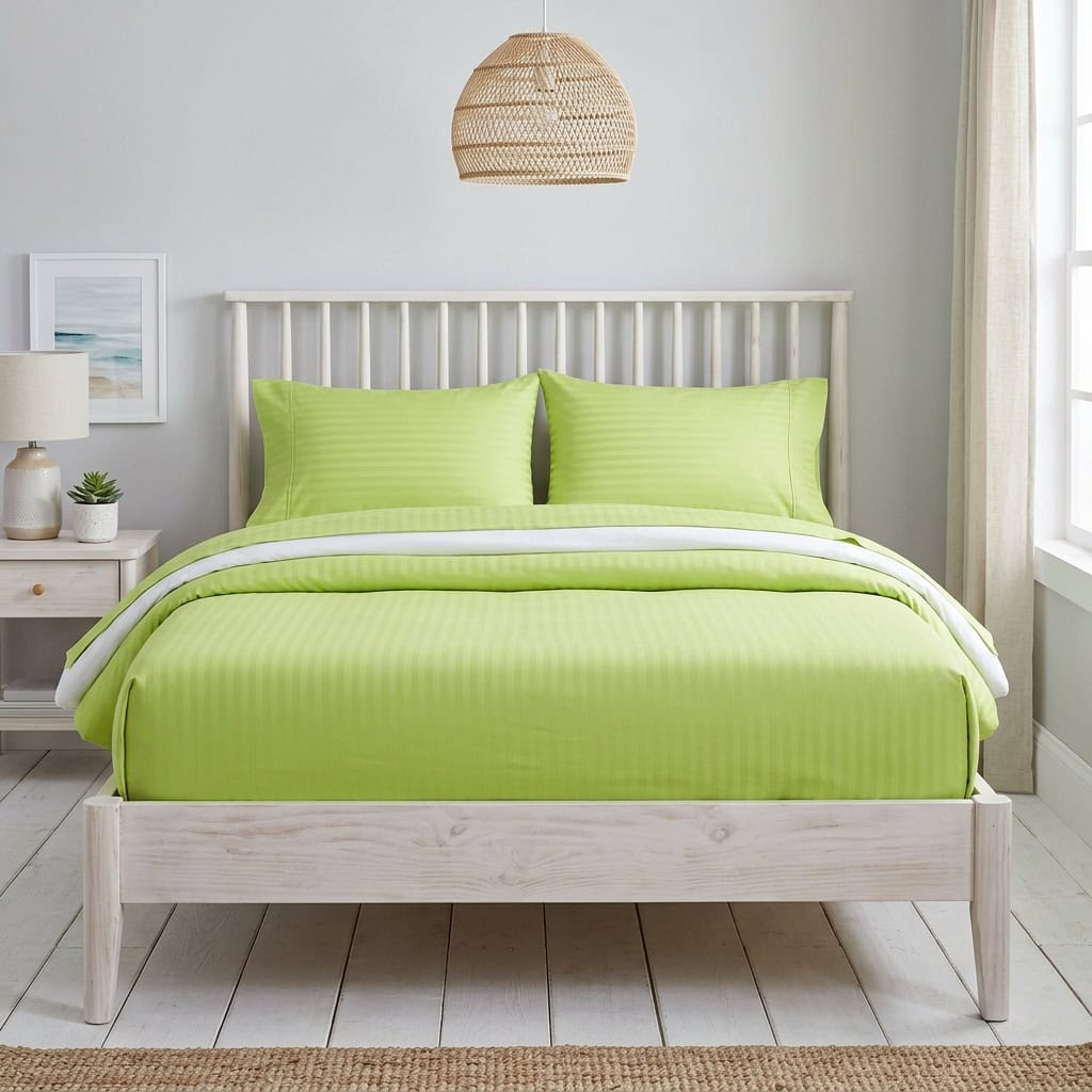 Lime green cotton fitted bedsheet with 2 pillow covers on a king size bed