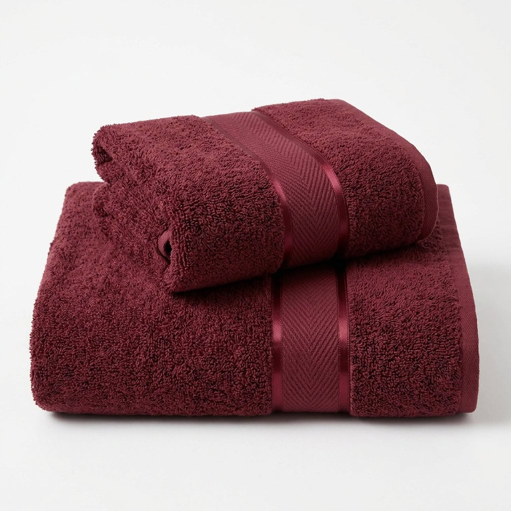 Maroon large (30 x 90) and medium (30 x 60) cotton towels folded and stacked