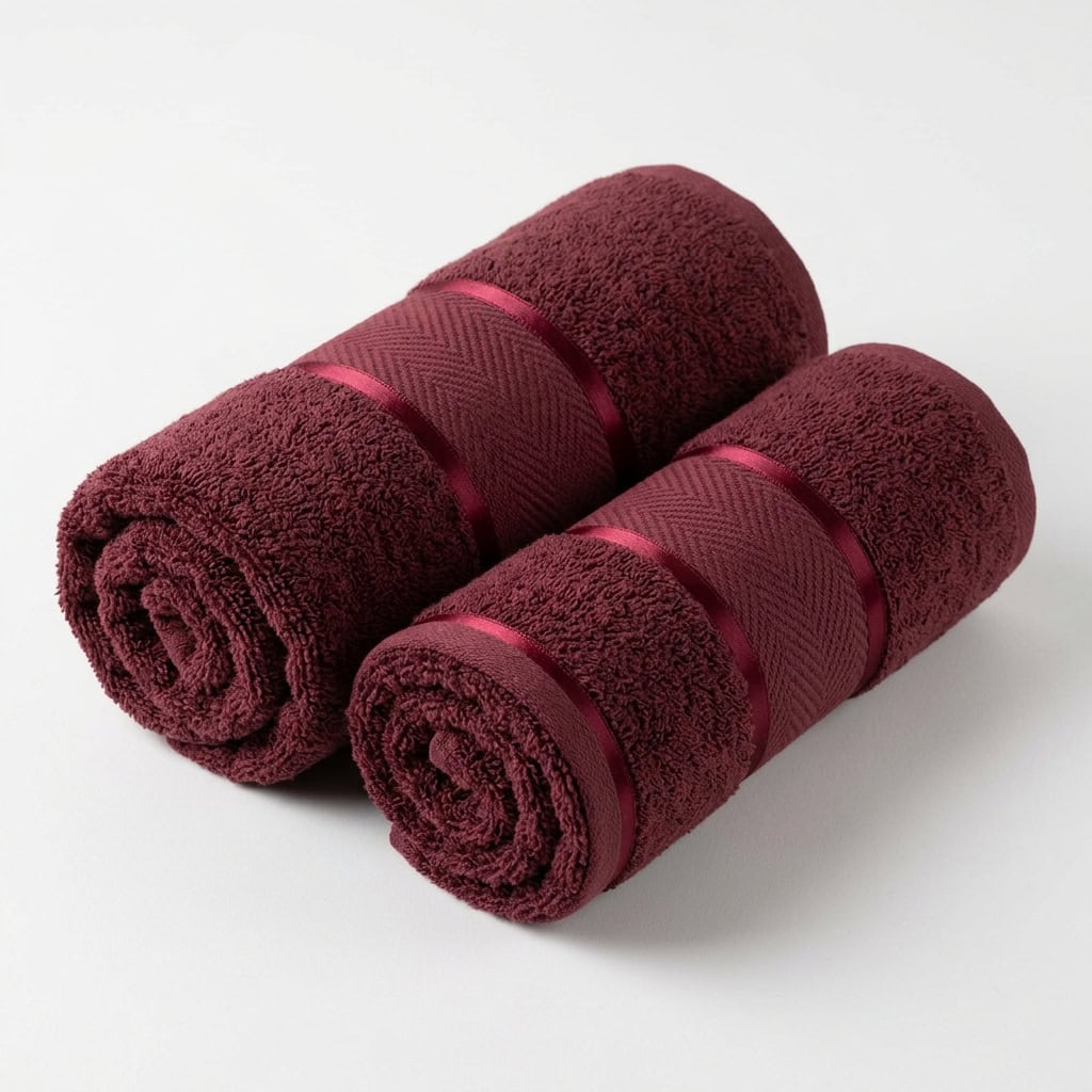 Two rolled maroon cotton towels from the 2 piece towel set