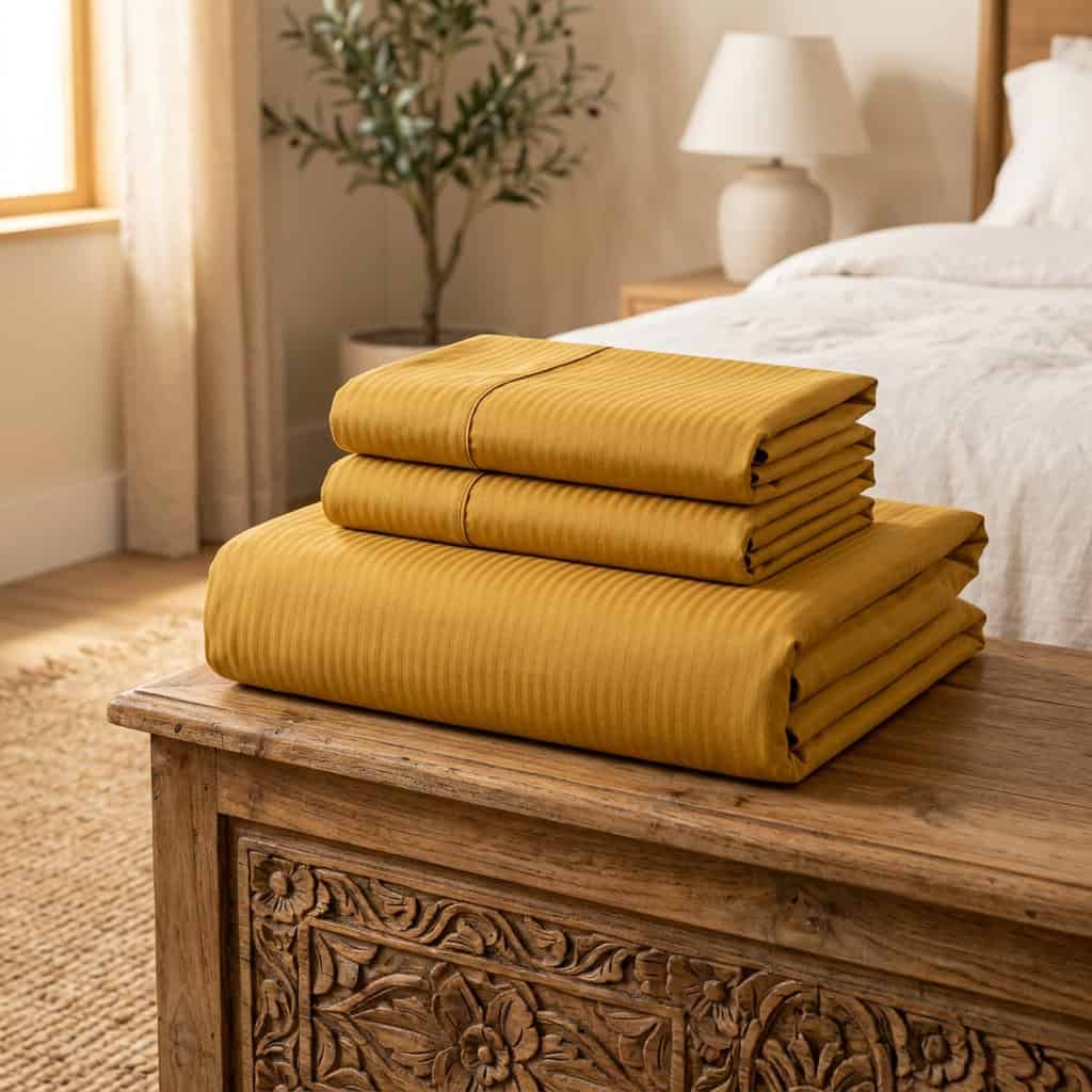 Folded mustard bedsheet set: fitted sheet and 2 pillow covers