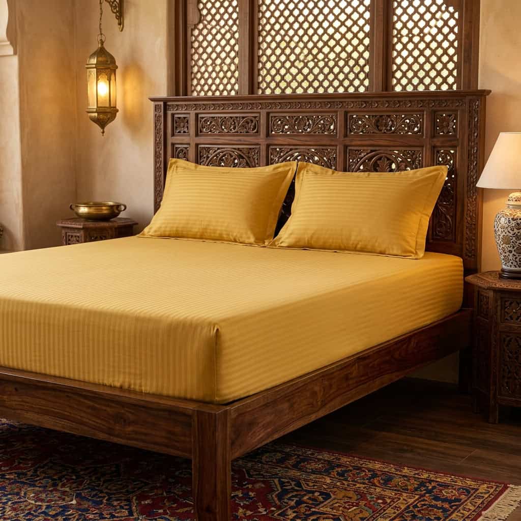 Mustard king size fitted bedsheet set on a bed, angled view
