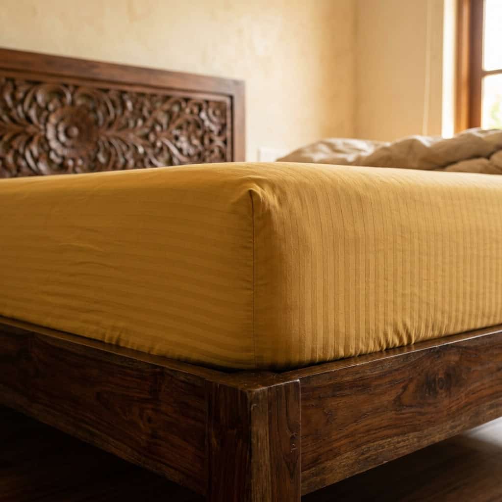Mustard fitted sheet with elastic sides around a mattress corner