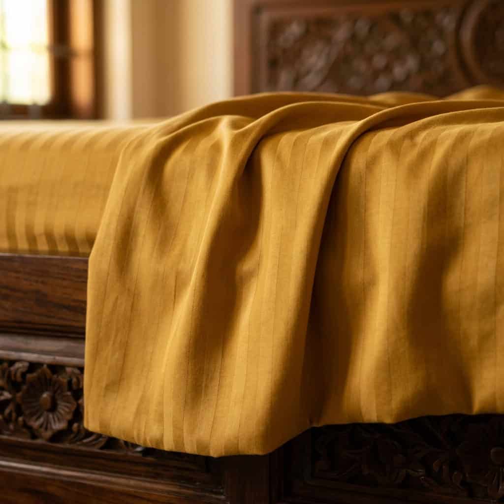 Close-up of mustard cotton bedsheet fabric with a subtle stripe weave