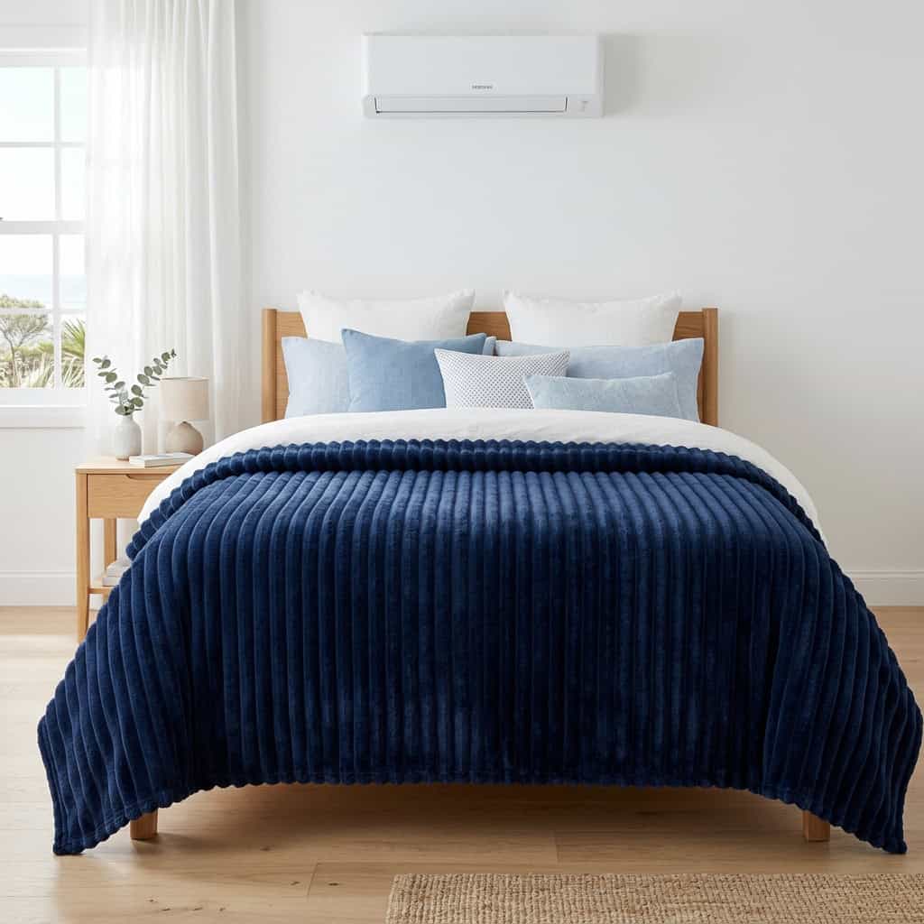 Navy blue ribbed fleece AC blanket covering a double bed, 200 x 240 cm