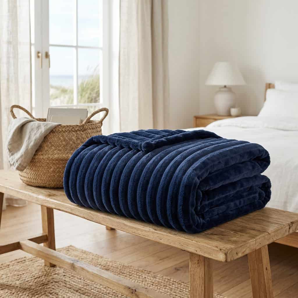 Navy blue ribbed fleece AC blanket folded on a wooden bench