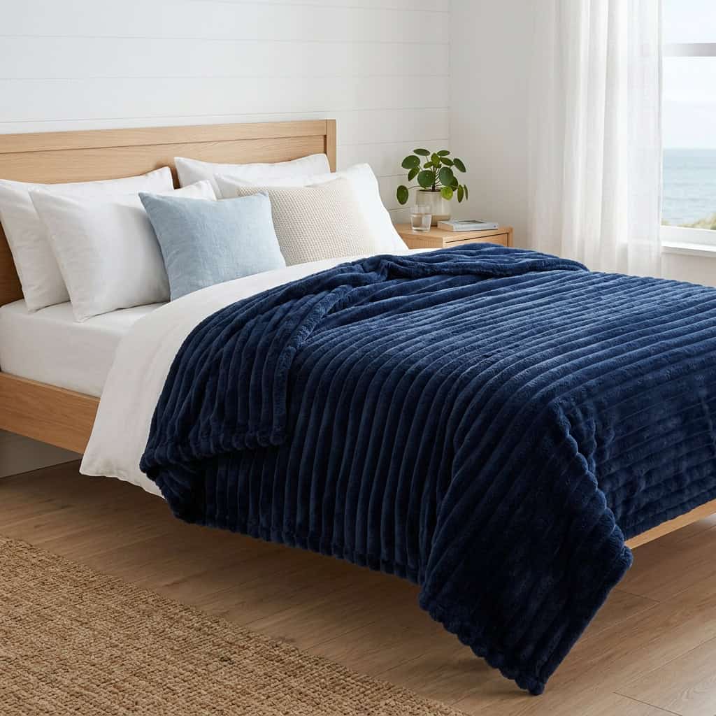 Navy blue AC blanket turned back on a made bed, showing its soft ribs