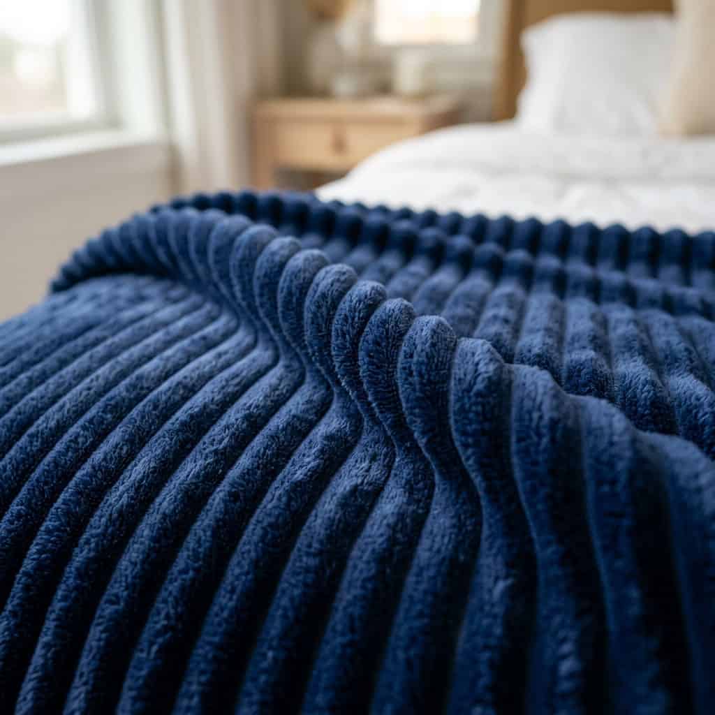 Close-up of the ribbed fleece texture of a navy blue AC blanket