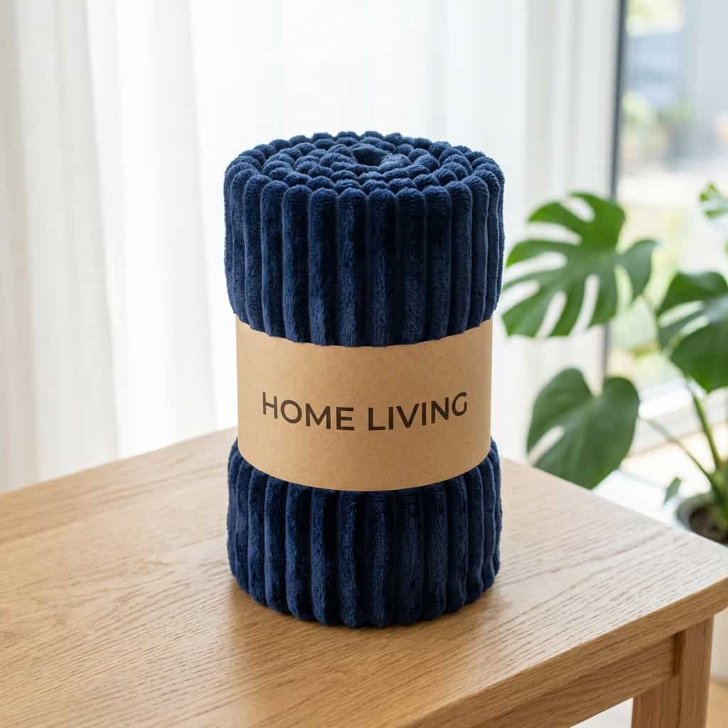 Rolled navy blue ribbed fleece AC blanket with a Home Living label