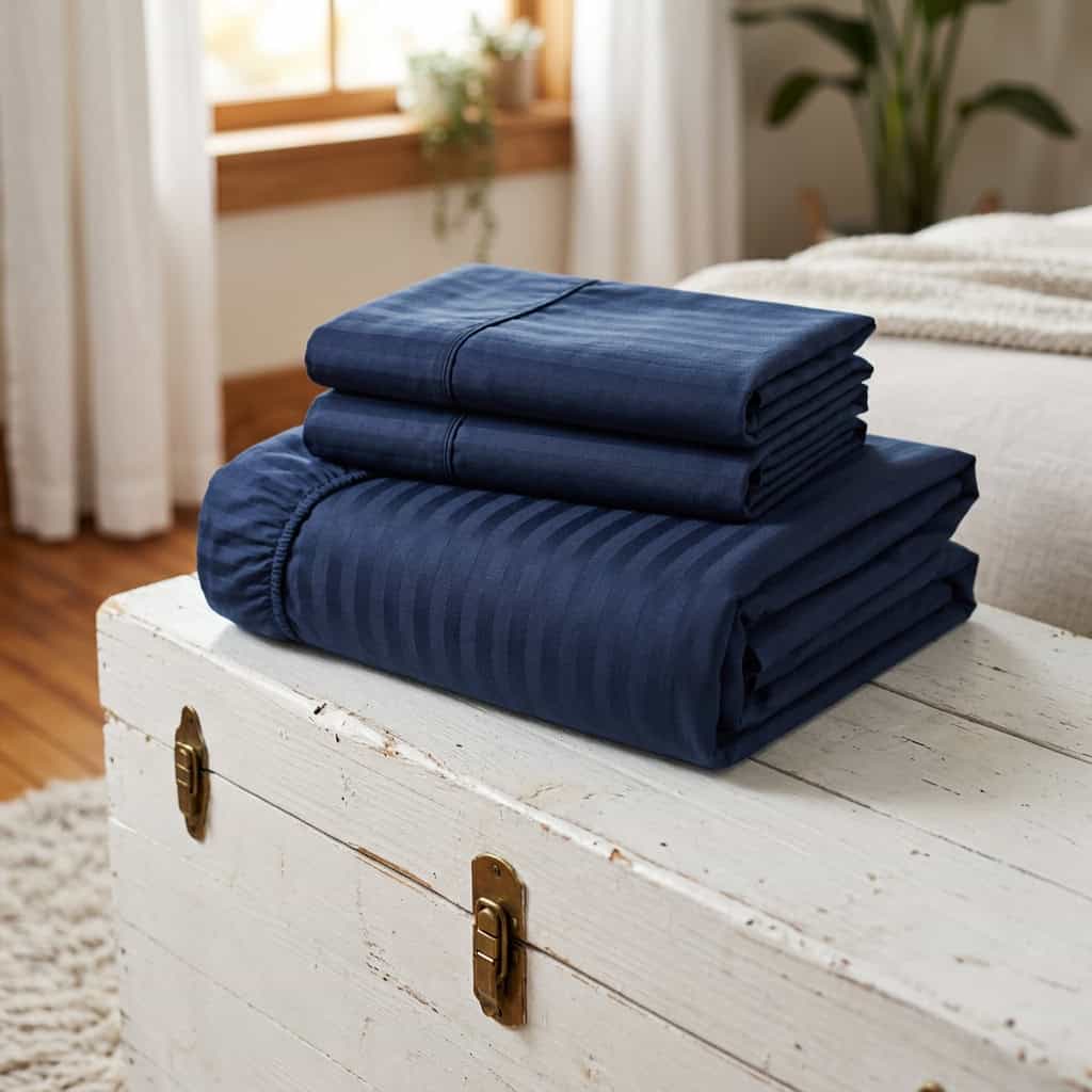 Folded navy blue bedsheet set: fitted sheet and 2 pillow covers