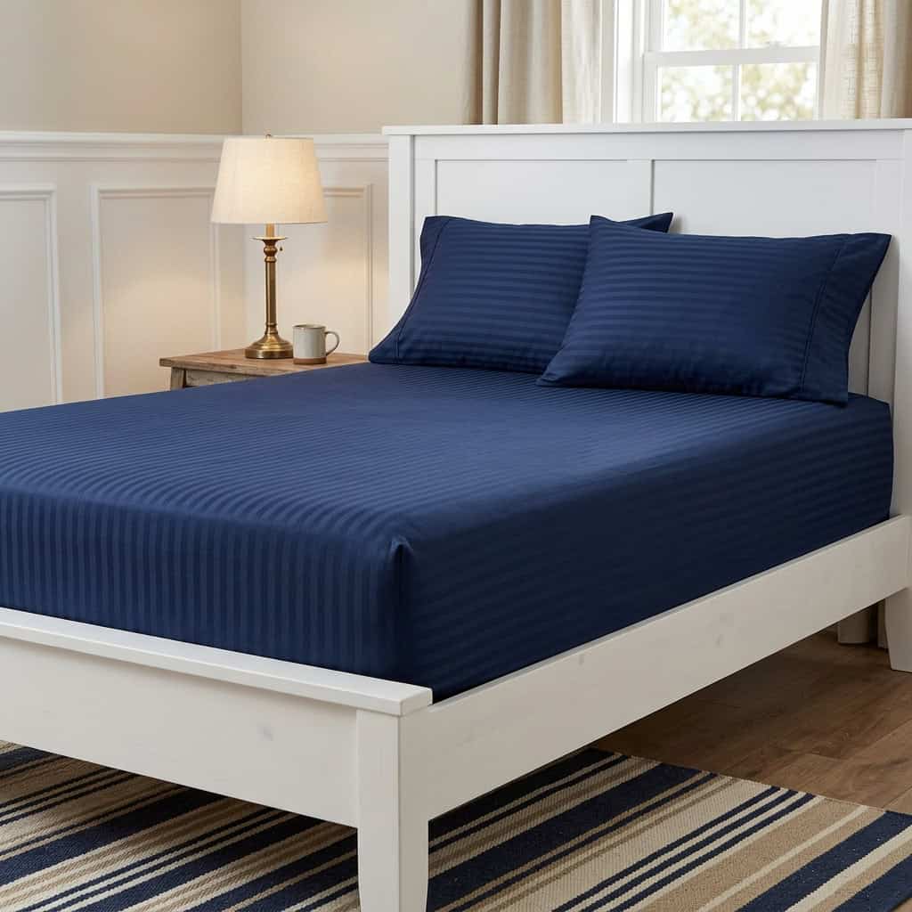 Navy blue king size fitted bedsheet set on a bed, angled view