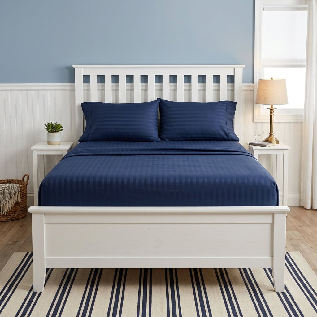 Navy blue cotton fitted bedsheet with 2 pillow covers on a king size bed