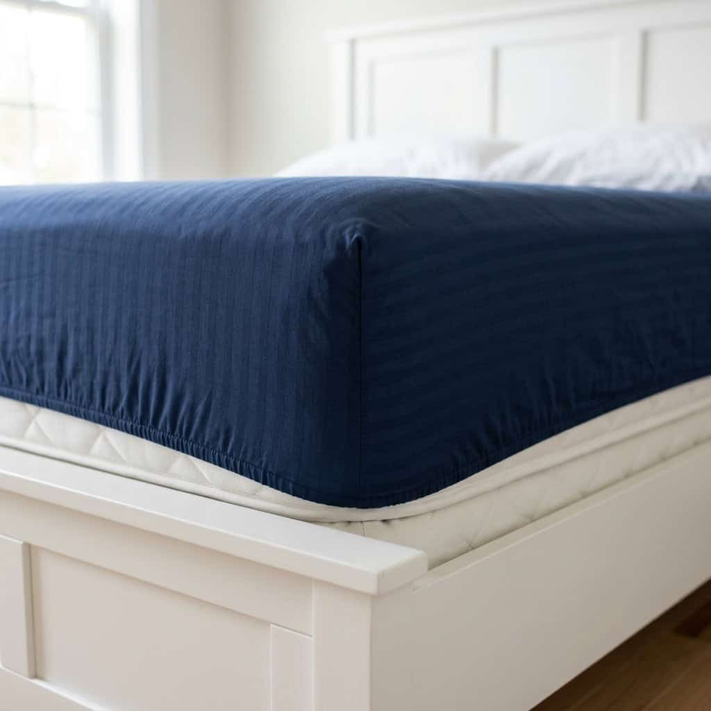 Navy blue fitted sheet with elastic sides around a mattress corner